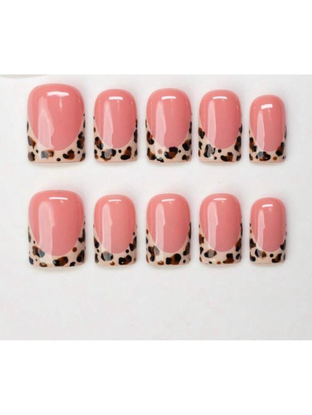 Extra short square Press on nails animal print french tips nude handmade gel